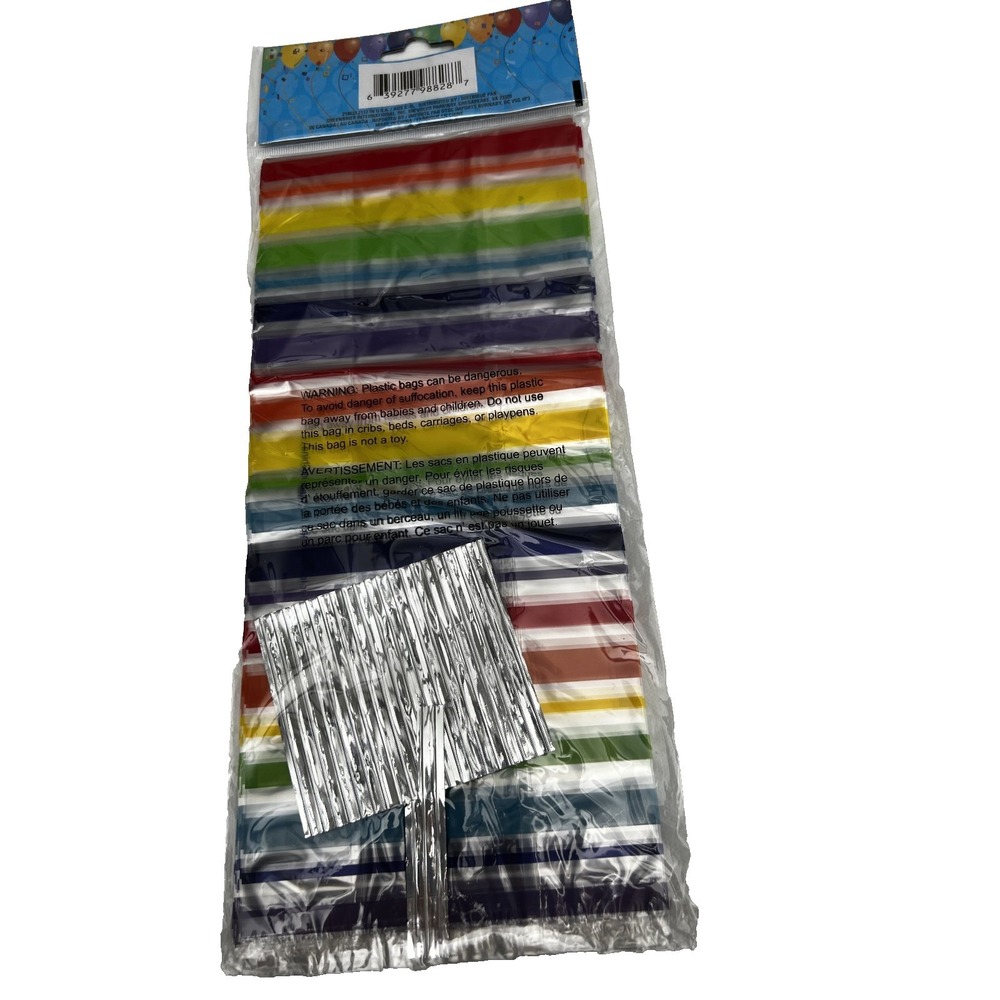 Multi Color Striped CELLO PARTY LOOT BAGS 25 Count TREAT BAGS with Ties NEW - Picture 2 of 2